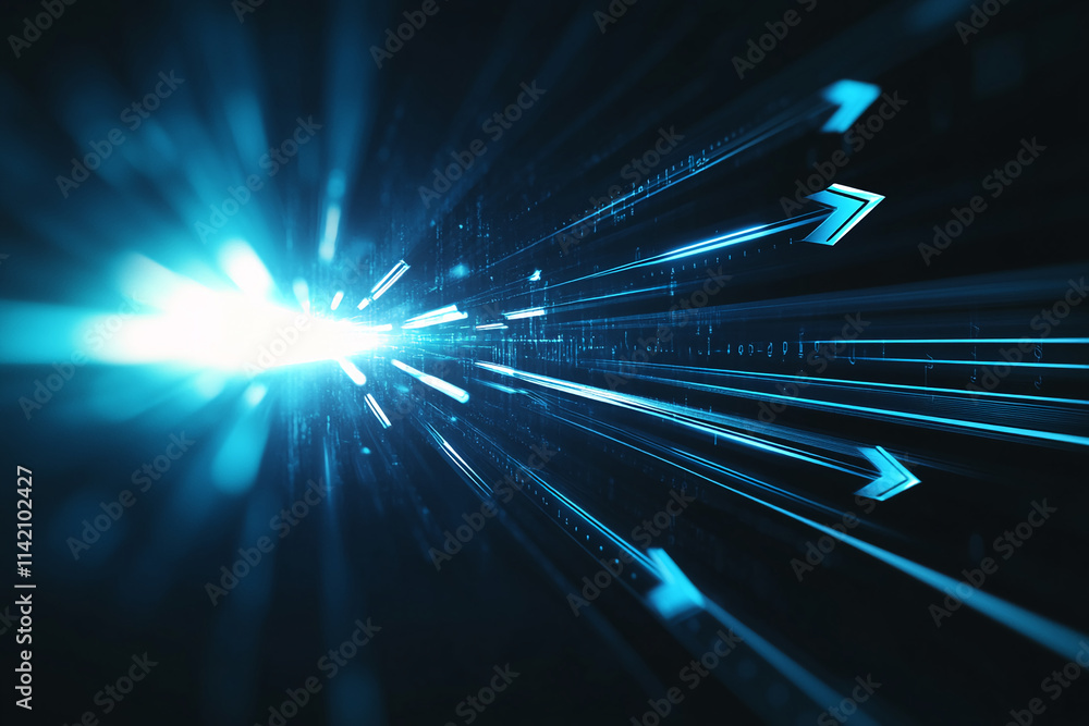 Poster dynamic blue light rays creating a futuristic atmosphere in a dark space