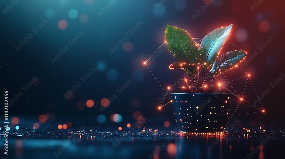 Poster illuminated plant in pot with digital effects and bokeh background for nature and technology concept