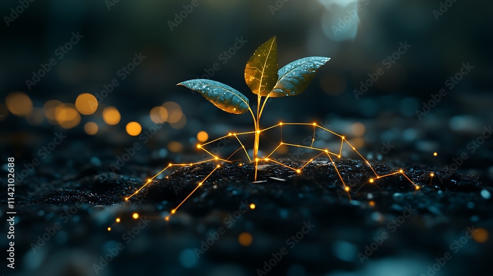 Aufkleber illuminated seedling emerges from dark soil with digital connections and sparkling bokeh background