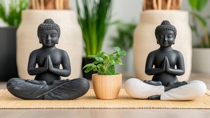 Two Buddha Statues in Peaceful Meditation Setting with Plants, Symbolizing Balance and Harmony.
