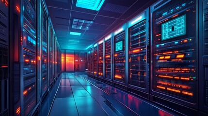 Fototapeta premium A futuristic server room illuminated with vibrant blue and orange lights, showcasing rows of high-tech servers and a sleek, modern design.