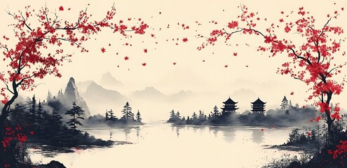 landscape painting with lake and trees

