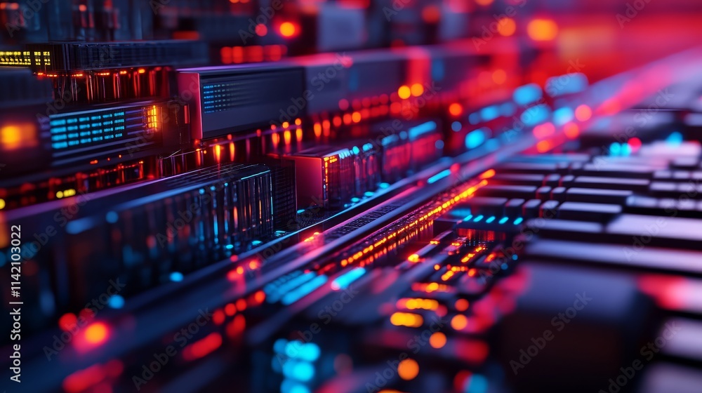 Poster a close-up view of illuminated circuit boards and a keyboard, showcasing vibrant colors and intricat