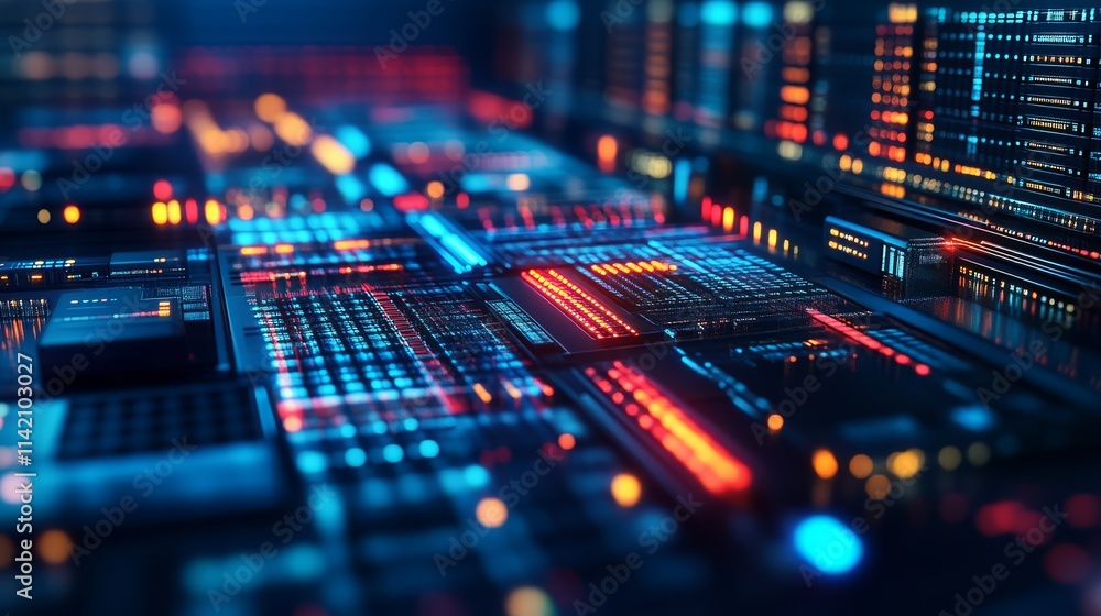 Poster a vibrant close-up of a circuit board, showcasing illuminated pathways and components, highlighting 