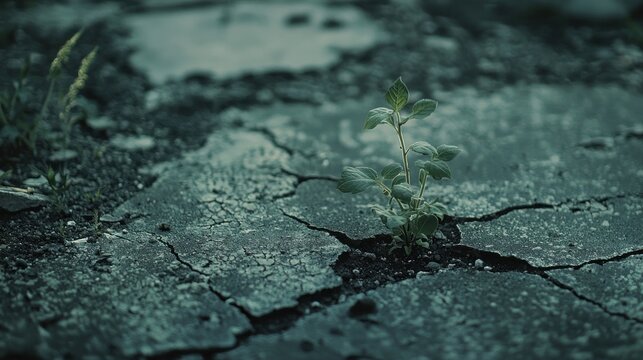 A close-up of a plant growing through cracks in the concrete, symbolizing the resilience of existence.