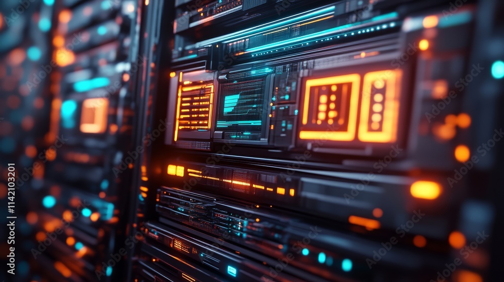 Poster an abstract, high-tech image showcasing illuminated server components with vibrant blue and orange h