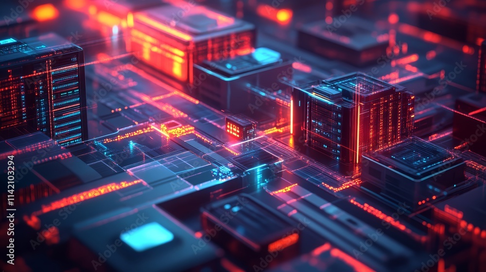 Poster a colorful digital representation of a circuit board, showcasing intricate patterns and glowing elem