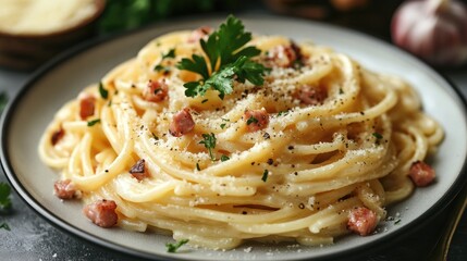 Luxurious creamy carbonara spaghetti with rich authentic sauce, perfect for restaurant menu and food blog. Traditional Italian pasta photographed in high resolution with professional lighting for comm