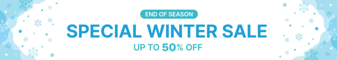 Winter season discount, sale event banner illustration. Background with combination of abstract, geometric and snowflake shapes pattern.
