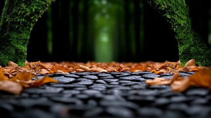 Autumn Path:  A picturesque path winds through the forest, a bed of fallen leaves lining its cobblestone surface.