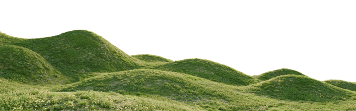 Hills with grass on a transparent background. 3D rendering