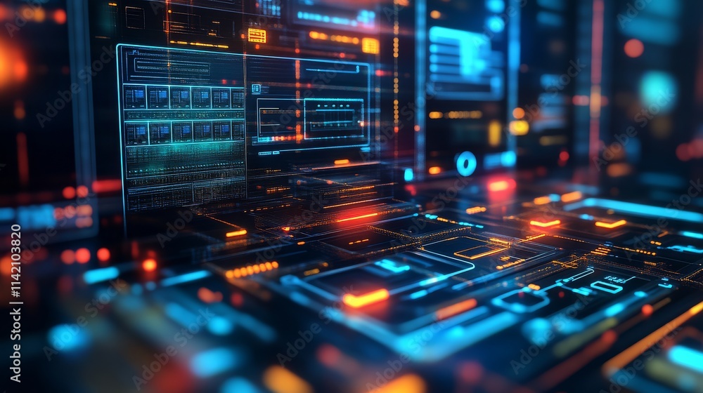Poster a futuristic digital interface with glowing screens and vibrant colors, depicting advanced technolog