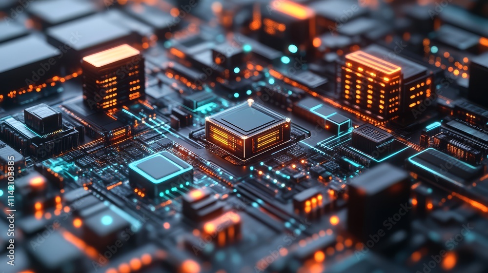 Aufkleber a close-up view of a futuristic circuit board featuring vibrant lights and intricate electronic comp