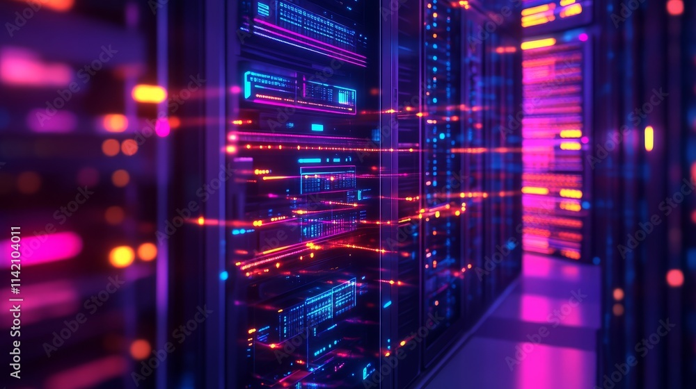 Aufkleber a vibrant data center scene featuring glowing servers and illuminated cables, showcasing modern tech