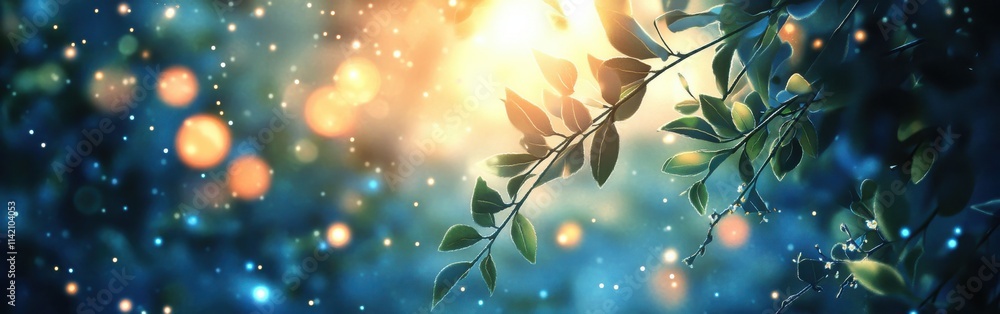 Poster Enchanting Evening Light Filters Through Leaves Creating a Magical Atmosphere with Bokeh Effects on Blue Background in a Serene Nature Scene