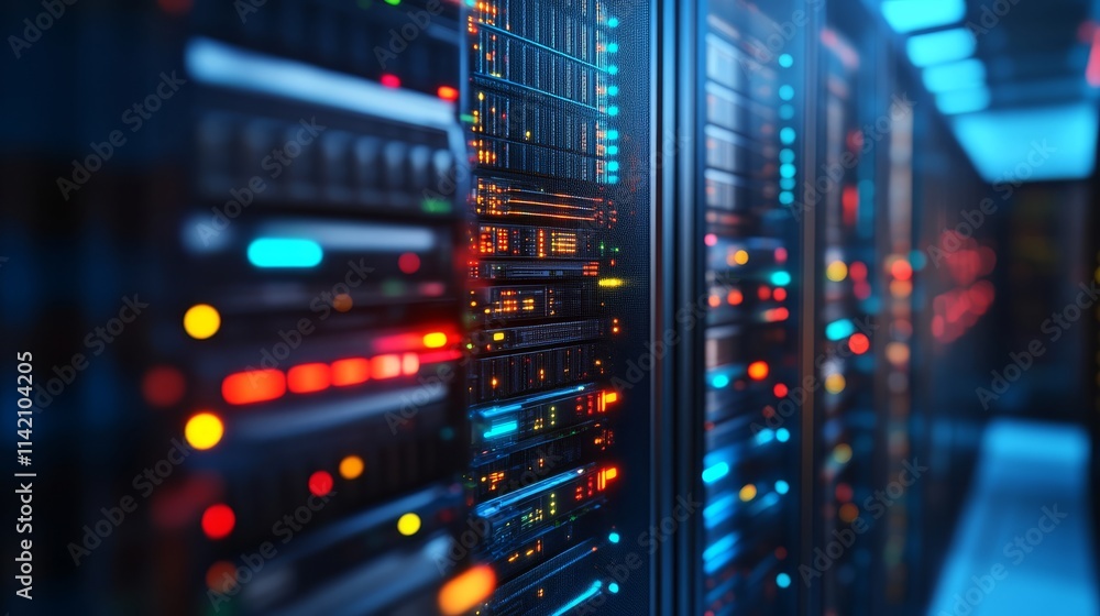 Poster a high-tech data center with illuminated servers showcasing vibrant lights and sleek design, symboli