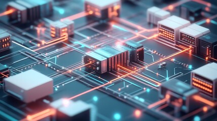A vibrant, futuristic circuit board with glowing lines and geometric shapes, representing advanced technology and digital connections.