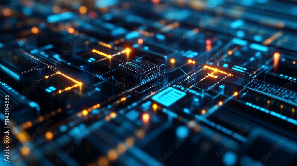 Poster a vibrant close-up of a digital circuit board, showcasing intricate pathways and glowing elements in