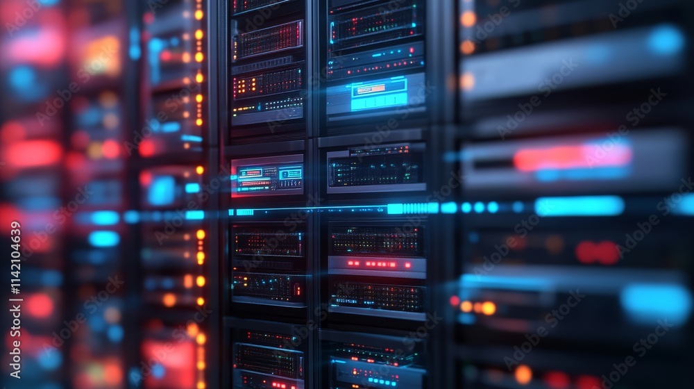 Poster a close-up view of a modern data center featuring illuminated server racks with vibrant blue and ora
