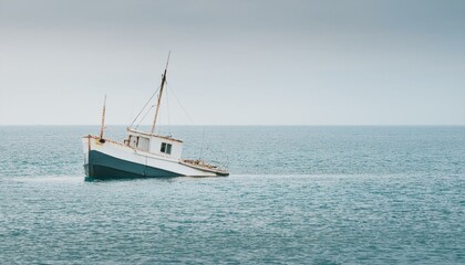 Obraz premium 물속에 반쯤 가라앉은 작은 배, 파도 위로 흔들리는 반파된 배의 일부