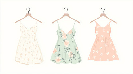 Three floral dresses hanging on hangers for spring wardrobe