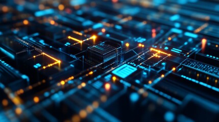 A vibrant close-up of a digital circuit board, showcasing intricate pathways and glowing elements in blue and orange hues, highlighting technology and innovation.