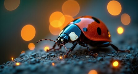 Ladybug (Spring) – A small, red and black ladybug resting on a green leaf, surrounded by soft golden fireflies and a purple and silver backdrop.