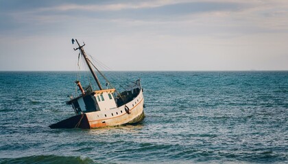 Fototapeta premium 물속에 반쯤 가라앉은 작은 배, 파도 위로 흔들리는 반파된 배의 일부