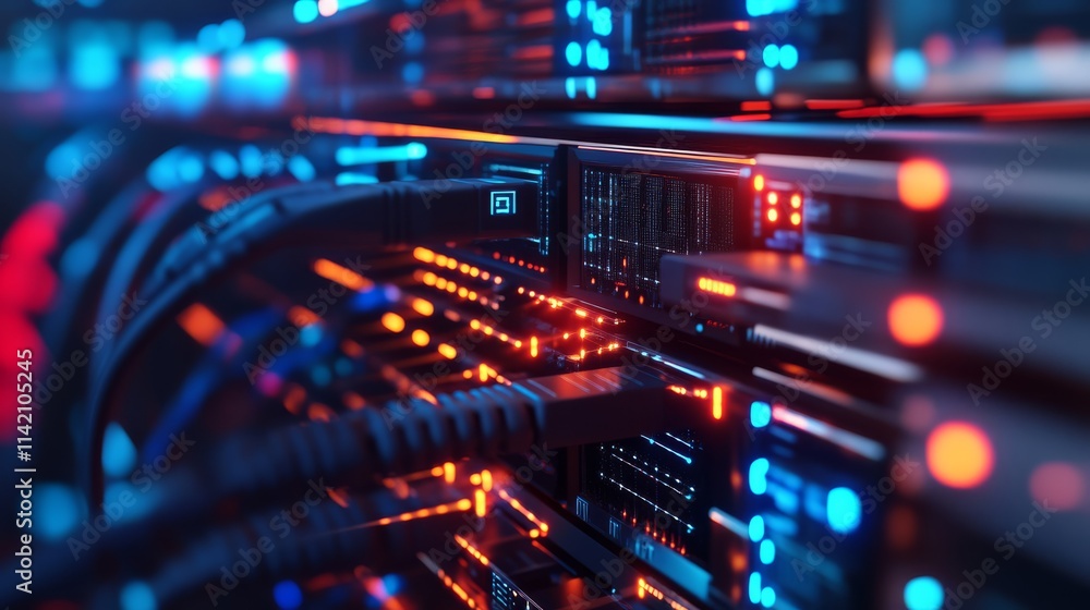Poster a close-up view of illuminated server cables and racks, highlighting vibrant lights and intricate co