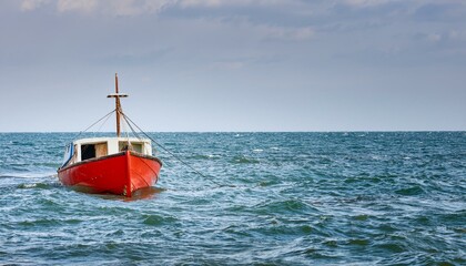 물속에 반쯤 가라앉은 작은 배, 파도 위로 흔들리는 반파된 배의 일부