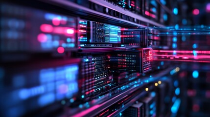 A vibrant, futuristic data center filled with illuminated servers, showcasing advanced technology and digital networking.