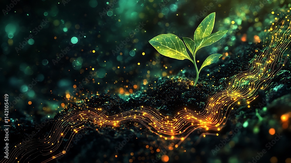 Poster neon green seedling growing in dark soil surrounded by shimmering light and abstract digital pattern