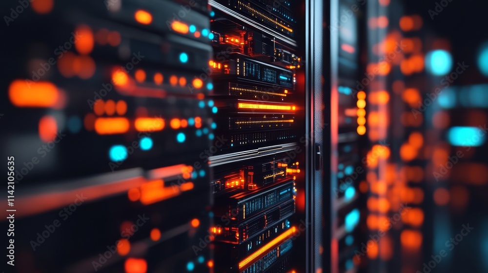 Poster a close-up view of illuminated server racks showcasing vibrant lights in a modern data center, highl