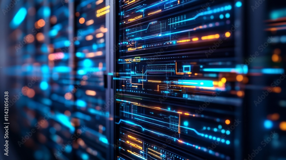Poster a close-up view of illuminated server racks showcasing vibrant blue and orange lights, representing 
