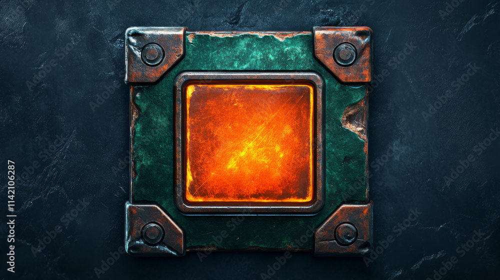 Poster medieval ui game orange button with metal frame sprite for animation. fantasy rpg title sign design 