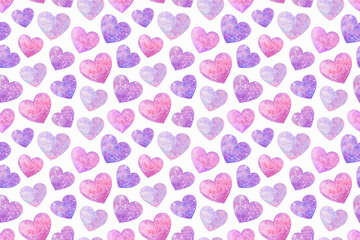 水彩画キラキラしたハートのシームレスパターン背景