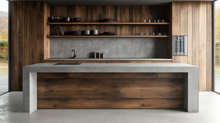 Modern kitchen with concrete island and wooden cabinets.