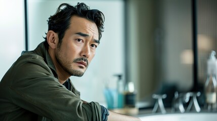 Fototapeta premium Close-up of man sitting on modern toilet looking slightly uncomfortable, clean minimalistic bathroom environment with copy space for text.