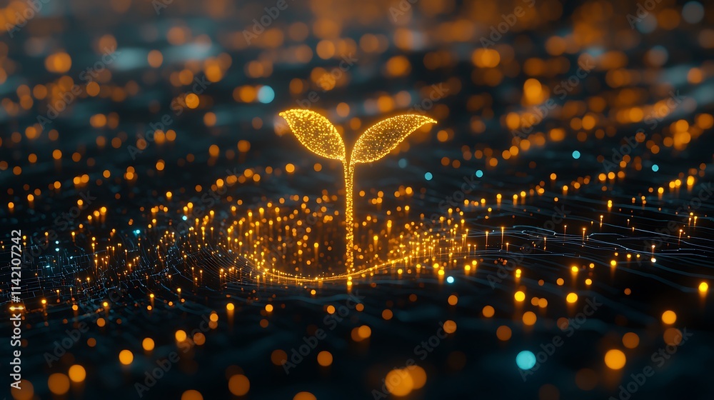 Poster sparkling digital seedling growing in a futuristic environment with glowing particles and light effe