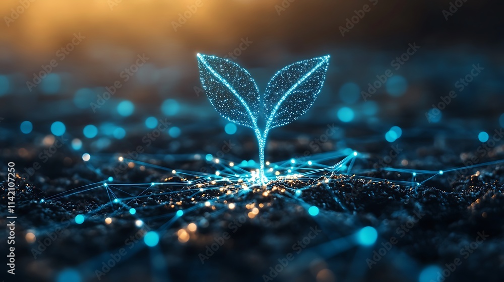 Poster sparkling digital seedling sprouting in a virtual environment with network connections and glowing e