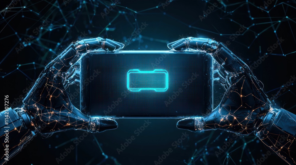 Poster a futuristic robotic hand holds a glowing device, surrounded by a network of digital connections, sy