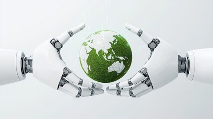 A pair of robotic hands gently cradle a green Earth, symbolizing the intersection of technology and environmental stewardship.