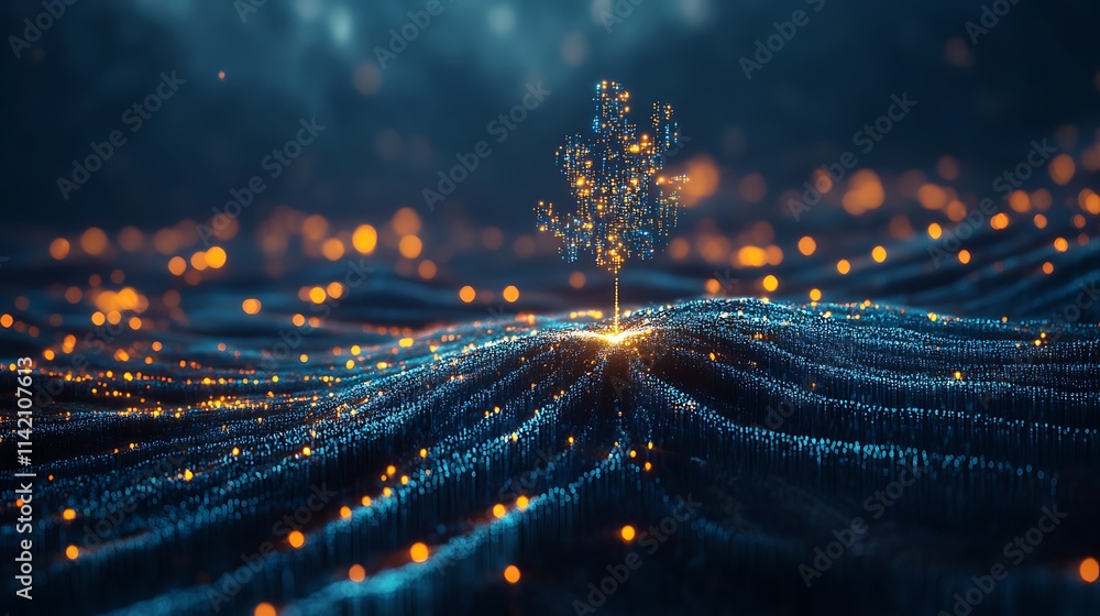 Aufkleber sparkling tree emerges from digital landscape of light particles and mesmerizing patterns in nature