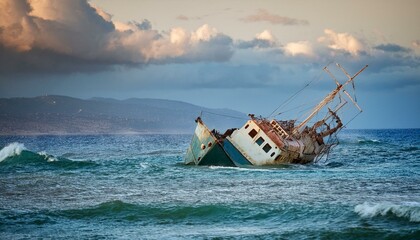 Generated 물속에 반쯤 가라앉은 작은 배, 파도 위로 흔들리는 반파된 배의 일부mage
