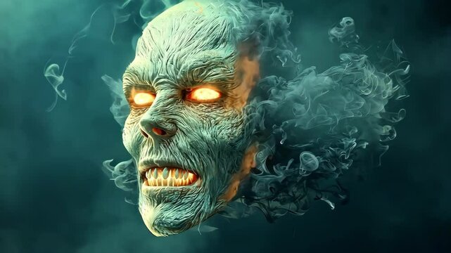 The sinister face looms out of the darkness, its features twisted in a malicious grin as tendrils of black smoke curl and twist around it