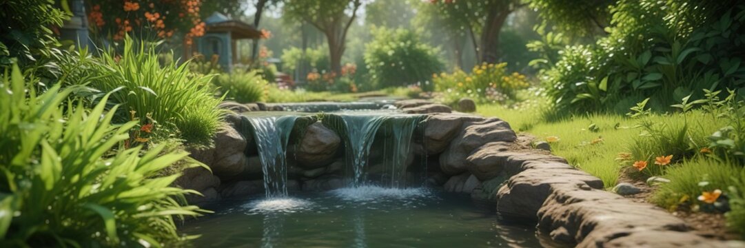 Una fuente de agua potable que se derrama sobre una superficie verde y seca en un jard?n, agua, aspersor, superficie