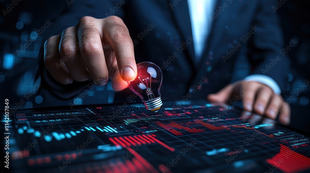 Aufkleber a business professional interacts with a digital interface, touching a glowing light bulb symbolizin