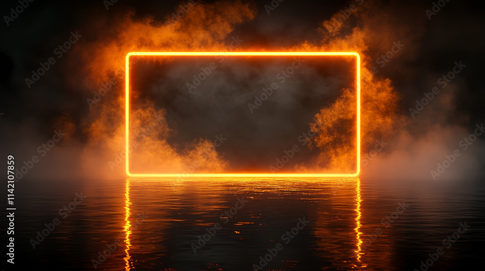 Poster futuristic banner with neon light frame on water surface and smoke clouds with sparkles. glowing rec