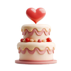 Red Heart-Shaped Topper on 3D Cartoon-Style Wedding Cake with Matte Finish on White Background