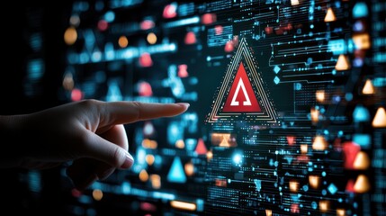 A hand points to a glowing red triangle icon on a digital interface filled with colorful geometric shapes and data streams.